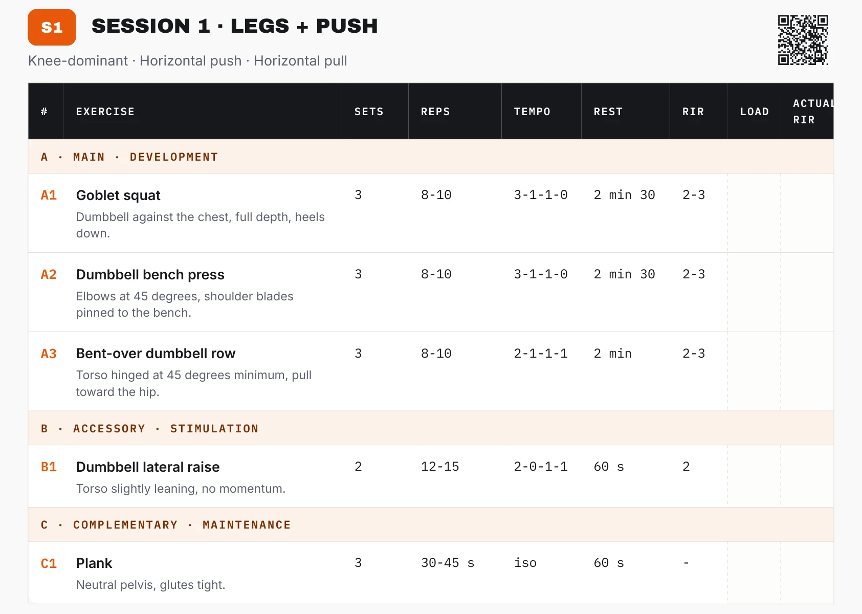Session 1 exactly as written in the PDF: exercises, sets, reps, tempo, rest, RIR and tracking columns.